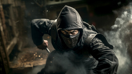 ninja assassin in black person in a mask