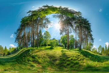 Picture sphere including land, greenery, and trees. Generative Ai