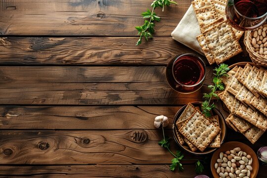 Symbolic Passover (Pesach) objects on a hardwood background in a flat lay arrangement. Generative Ai