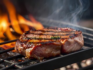 Grilled meat steak on stainless grill depot with flames