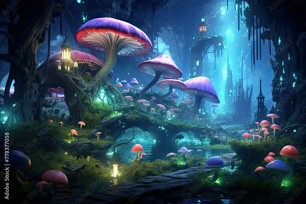 Poster a dense forest filled with numerous mushrooms growing next to a bridge, creating a magical scene in 