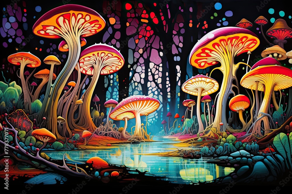 Poster a painting depicting a vibrant forest teeming with numerous mushrooms of various shapes and sizes. g