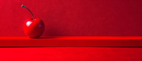   A red apple rests atop a red shelf adjacent to a red backdrop and another red wall in the background