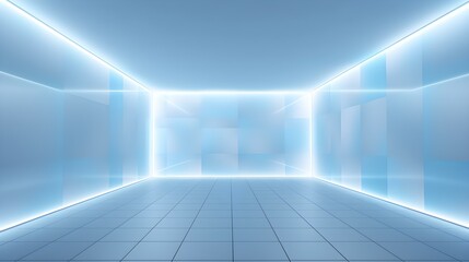 Modern light blue geometric Interior with Neon Lighting. Empty Room for Product Presentation