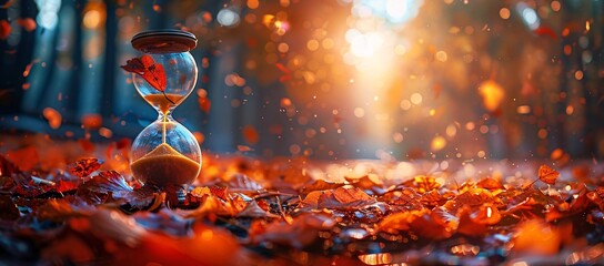 A timeless hourglass nestles among the fiery leaves of fall, as fleeting moments sparkle in the...