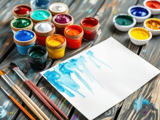 A vibrant array of watercolor paints spread out on a wooden table alongside brushes and a blank canvas