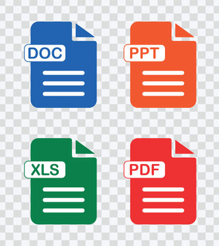 "Vector illustration set featuring various document formats and extensions including .doc, .xls, .ppt, .pdf, Adobe Acrobat, Nitro Reader, and Foxit Reader."