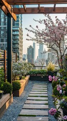 Rooftop garden in spring bloom, urban oasis