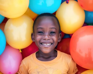 Fototapeta na wymiar A smiling face with a backdrop of colorful balloons capturing the essence of joy