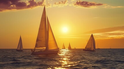 Sailing regatta at golden hour, wind in the sails - obrazy, fototapety, plakaty