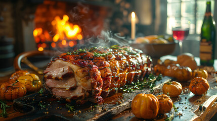 Roast Pork on Decorated Table  - obrazy, fototapety, plakaty