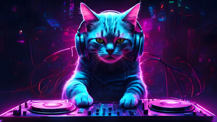 Funny cat with headphones playing music on turntable, neon background