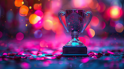 trophy cup on bokeh background, hot pink, orange and cyan colors, esports, gaming, space for text - obrazy, fototapety, plakaty