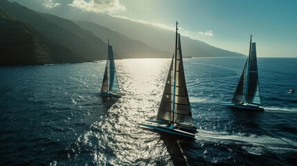 Solar sail yacht regatta, racing on sunlight, silent seas - obrazy, fototapety, plakaty