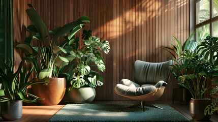 Between potted houseplants on a wall with wood panelling is a lounge chair. Modern living room interior design from a mid-century home