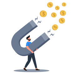Flat vector illustration. Man big magnet attracts money, concept of big earnings . Vector illustration