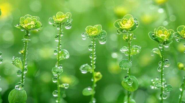   A zoomed-in image of numerous water droplets clinging to a green foliage plant, featuring a vibrant yellow blossom at its center