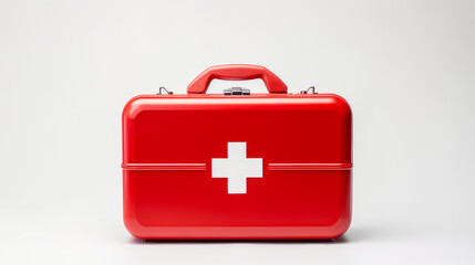 Fototapeta premium Red first aid kit with a cross with medicines on a white background.