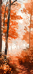 Oil painting of autumn nature, orange leaves and muted colored forest hd phone wallpaper