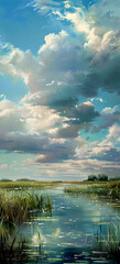 Oil color painting of a swamp wetland with cumulus clouds hd phone wallpaper