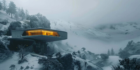 Modern house in the mountains with snow and fog