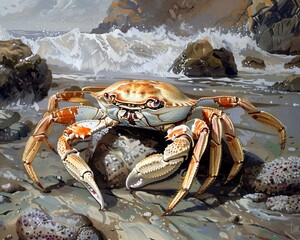 Crab clipart scuttling along the shoreline. - obrazy, fototapety, plakaty