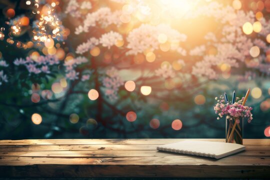 Creative workspace with notebook, pencils, and flowers on wooden table with bokeh background