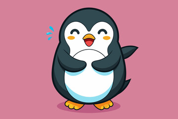 cute penguin holding both hands on his stomach  With tears in the eyes It shows that he is laughing until his stomach hurts