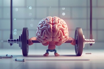 3d cartoon brain engaged in intense mental training, lifting weights in gym
