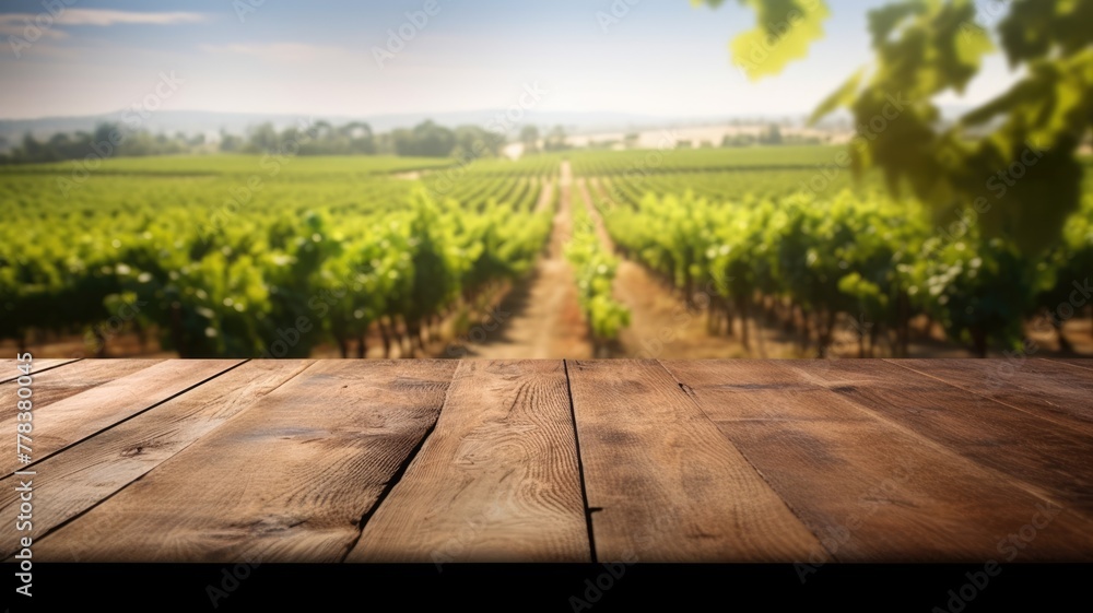 Poster the empty wooden table top with blur background of vineyard. exuberant image. generative ai