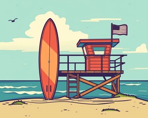 Surfboard clipart propped up against a lifeguard stand.