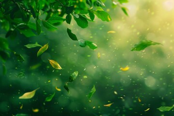 Gentle spring wind: abstract nature background with falling green leaves