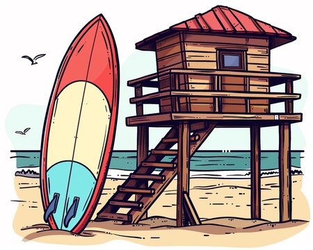 recommend clip art: Surfboard clipart propped up against a lifeguard stand.