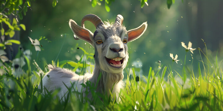 Happy white cartoon goat on a background of green grass