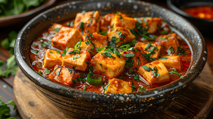 Spicy Tofu Curry on Decorated Table - obrazy, fototapety, plakaty