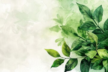 Watercolor painting of lush green leaves background with space for text