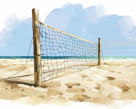 Volleyball net clipart anchored in the sand.