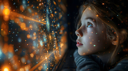 A young girl with freckles is spellbound by a swirl of stardust and the warm dance of twinkling lights around her - obrazy, fototapety, plakaty