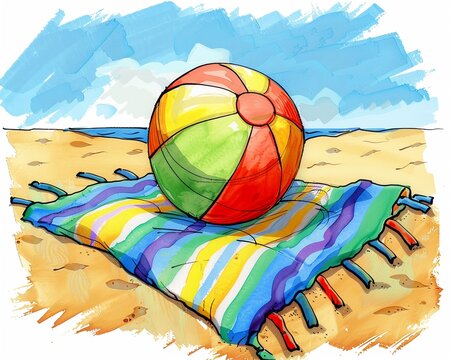 Beach ball clipart bouncing off a beach towel.