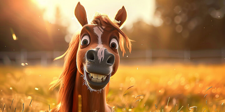 Funny cartoon horse in the meadow at sunset