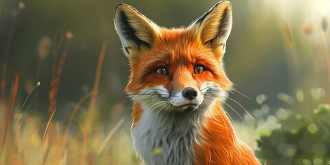 Happy cartoon fox on a background of green grass. - obrazy, fototapety, plakaty