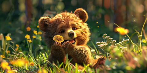 Cute little brown cartoon bear in the summer forest with flowers