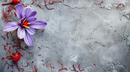 Dried saffron and crocus flower arranged on a grey table, with space available for text.