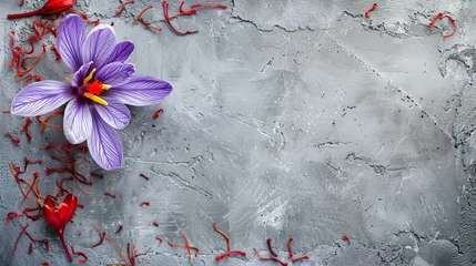 Deurstickers Dried saffron and crocus flower arranged on a grey table, with space available for text. © Marry