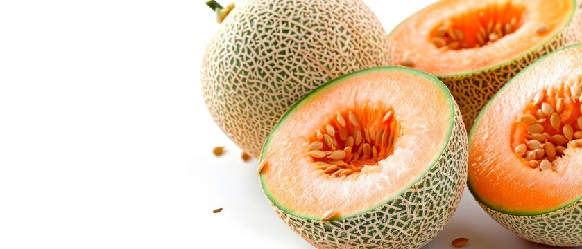   A pair of halved cantaloupes on a white background with visible seeds