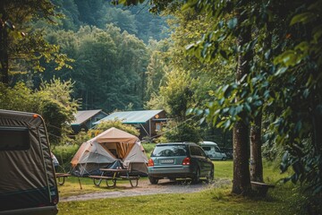 Tranquility in nature: cozy camping scene with car, outdoor leisure