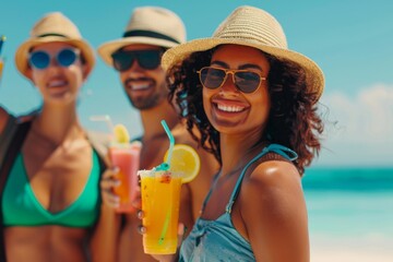 Beach holiday scene with travelers applying sunblock and relishing fruit cocktails with copy space