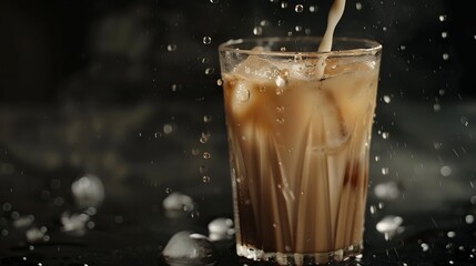 Pouring milk into a glass filled with cold brewed coffee, set against a black background.