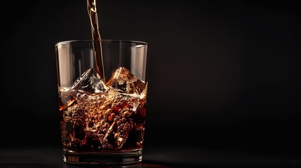 Pouring milk into a glass filled with cold brewed coffee, set against a black background.