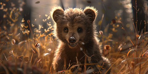 Obraz premium Cute little brown cartoon bear in the summer forest with flowers